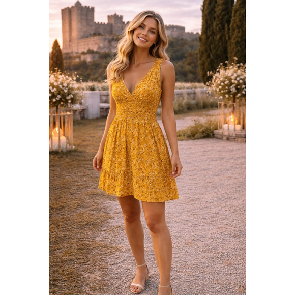 Shyanne Dresses & Skirts - Shyanne Mustard Ditsy Floral Mini Dress Cottagecore Prairie Boho Romantic Garden